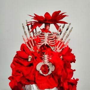 Red Floral Skeleton Skull Bone Floral Goth Headpiece Crown LED Light Up Headband